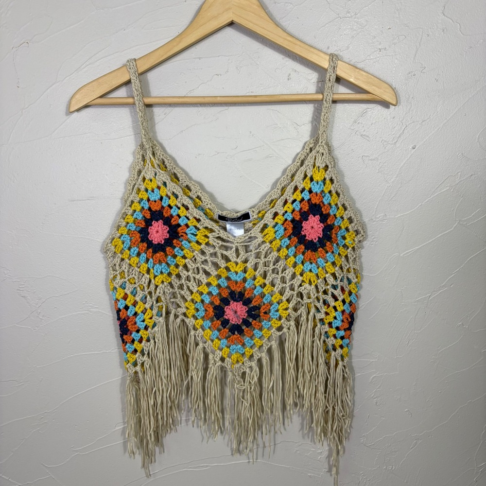 Vivid Crochet Granny Square Fringe Crop Top Womens Large Boho Festival Hippie